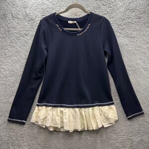 Hem & Thread NWOT Women's Medium Blue Sweater‎ Lace Trim Fleece Lined Soft Warm